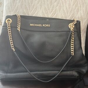Michael Kors Black Pebbled Leather Tote with Gold Chain Detail